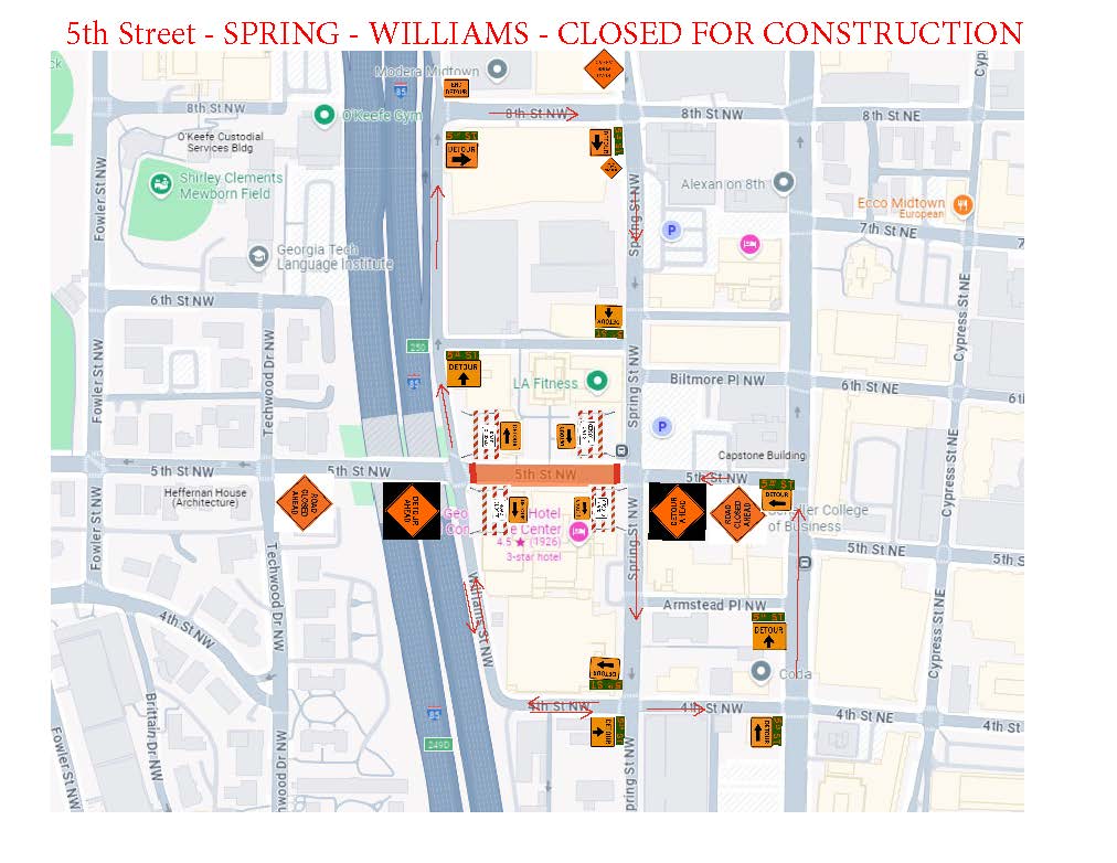 map of logistics for detour around Fifth Street closed area between Spring and W. Peachtree